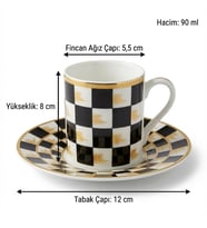 Horse Siyah Beyaz Dama Dekor 6 Kişilik Porselen Kahve Fincan Takımı – 90 ml. (Siyah - Beyaz)