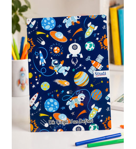 Studi Uzay Astronot Desenli Dik Çizgili Yazı Defteri Çocuk Öğrenci Güzel Yazı Çalışma Defteri