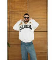 Erkek Kapüşonlu Sweatshirt Hoodie 3 İplik Şardonlu Pamuklu Kumaş, Önü Baskılı, Fermuarlı Rahat Kalıp