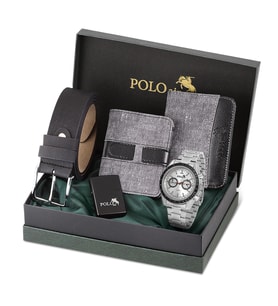 Polo Air Spor Kasa Erkek Kol Saati Cüzdan Kemer Kartlık Çakmak Kombin Set Gri Gümüş Renk PL-0991E2 (Gümüş-Beyaz)
