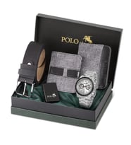 Polo Air Spor Kasa Erkek Kol Saati Cüzdan Kemer Kartlık Çakmak Kombin Set Gri Gümüş Renk PL-0991E2 (Gümüş-Beyaz)