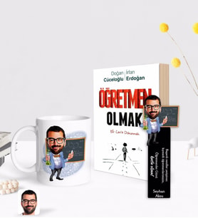 BK Gift Kişiye Özel Erkek Kimya Öğretmeni Karikatürlü Beyaz Kupa Ahşap Kitap Ayracı ve Öğretmen Olmak Kitabı Hediye Seti-1