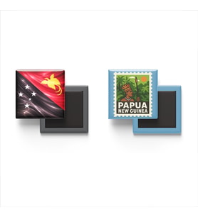 Buzdolap Magnetleri - Papua Yeni Gine Bayrağı ve Port Moresby Posta Pulu Tema - 2'li Set Magneti