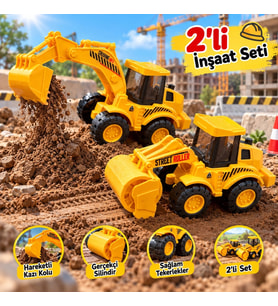 2’li İnşaat Araçları Oyuncak Seti – Ekskavatör & Yol Silindiri