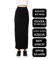 Uzun Spor Kalem Etek Siyah Dalgıç Kumaş Esnek Etek Boy 100cm