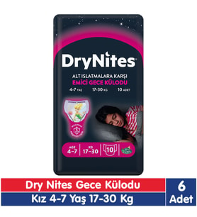 Huggies Drynites Kız 4-7 Yaş Emici Gece Külodu 17-30 Kg 10x6 60 Adet