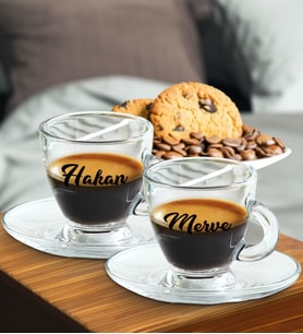 BK Gift Kişiye Özel İsimli DTF 2’li Cam Espresso Fincan Takımı, Sevgiliye Hediye, Arkadaşa Hediye, Doğum  Günü Hediyesi