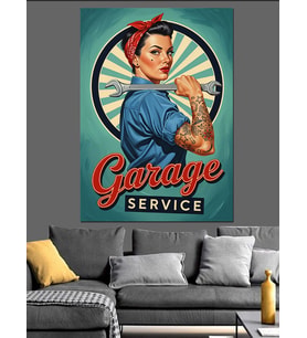 Tamirci Kız Garaj Servisi Retro Afişi Dekoratif Kanvas - Mdf Ahşap Tablo