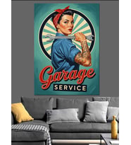 Tamirci Kız Garaj Servisi Retro Afişi Dekoratif Kanvas - Mdf Ahşap Tablo