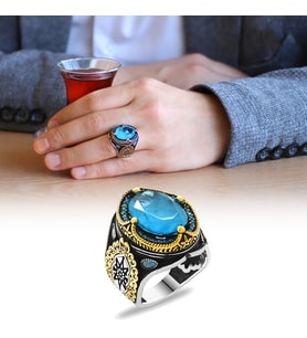 Faset Kesim Aqua Paraiba Taşlı 925 Ayar Gümüş Erkek Yüzük (Çok Renkli)