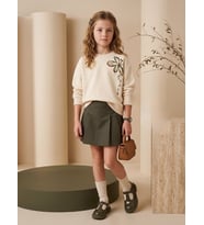 Kız Çocuk Ekru Çiçek Baskılı Bisiklet Yaka Tasarım Sweatshirt