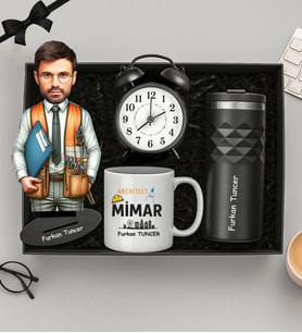 Kişiye Özel Fotoğraflı Mimar Tasarımlı Biblo,Beyaz Kupa,Termos Ve Masa Saati Hediye Seti (STD)