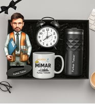 Kişiye Özel Fotoğraflı Mimar Tasarımlı Biblo,Beyaz Kupa,Termos Ve Masa Saati Hediye Seti (STD)