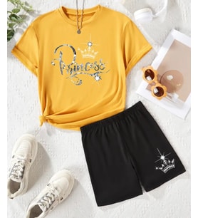 AMOR MAN ÖZEL TASARIM SİLVER PRENCESS BASKILI PAMUK OVERSİZE KADIN T-SHIRT ŞORT TAKIMI (Sarı)