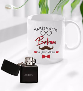 BK Gift Kişiye Özel Babalar Günü Hediyesi Karizmatik Babam Tasarımlı Kupa Bardak ve Benzinli Çakmak Seti-1 (Model 1)