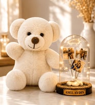 Kişiye Özel Tasarım 3 Fotoğraflı ve Yazılı LED Işıklı Fanus - 22 cm Beyaz Peluş Ayıcık Hediyeli