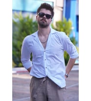 Beyaz Keten Apaj Yaka Relax Fit Hediye Kutulu Erkek Gömlek