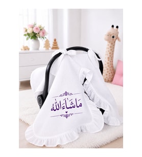 Maşallah Yazılı Mor Motifli Fırfırlı Müslin Bebek Puset Örtüsü – Ana Kucağı Örtüsü