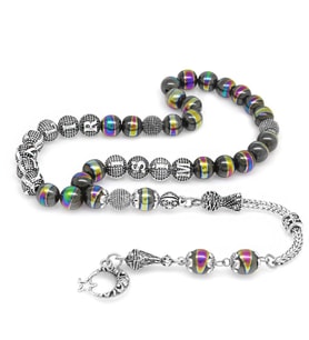 Kararmaz Metal Püsküllü Küre Kesim İsim Yazılı  Multicolor Hematit Doğaltaş Tesbih