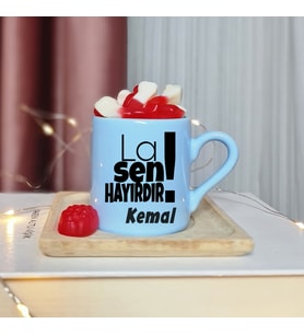 La Sen Hayırdır !! Tasarımlı Kişiye Özel Mavi Türk Kahvesi Fincanı