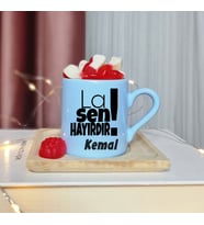 La Sen Hayırdır !! Tasarımlı Kişiye Özel Mavi Türk Kahvesi Fincanı