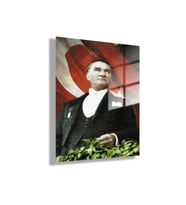 Cam Tablo Türk Bayraklı Atatürk Portresi