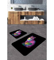 Siyah Kedi Desenli Banyo Halısı Klozet Paspas Seti BS257