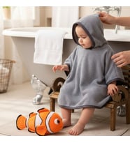 Organik %100 Pamuk Kapüşonlu Plaj Çocuk Bebek Panço Bornoz Banyo Havlu + Kundak Havlu Hediyeli (Düz Gri)