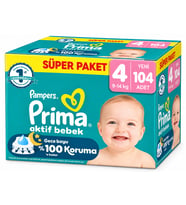 Prima Aktif Bebek Bebek Bezi 4 Beden 9-14 KG Maxi 104 Adet Süper Ekonomik Pk