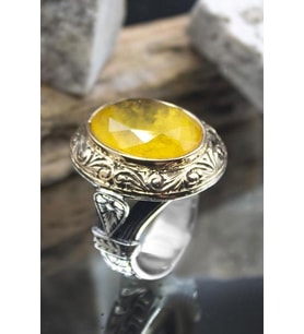 Sarı Paraiba Taşlı Yanları Işlemeli Oval 925 Ayar Gümüş Erkek Yüzük