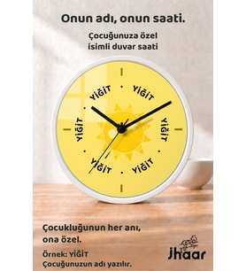 İsme Özel Gülen Güneş Çocuk Odası Duvar Saati Orta Boy 30 cm Beyaz Camlı Sessiz