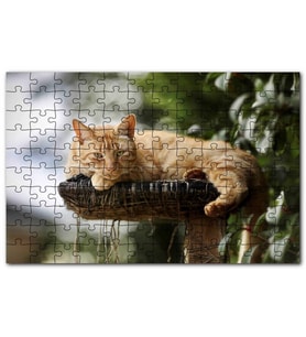 Cakapuzzle Kütüğün Üzerinde Miskinlik Eden Sarı Kedi Puzzle Yapboz MDF (Ahşap) (120 Parça)