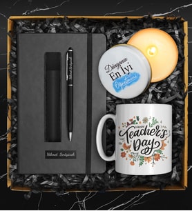 Öğretmenler Gününe Özel Tasarım Kupa & Kişiye Özel Defter & Deri Kılıflı Touch Pen Kalem & Özel Tasarım Mum Hediye Seti