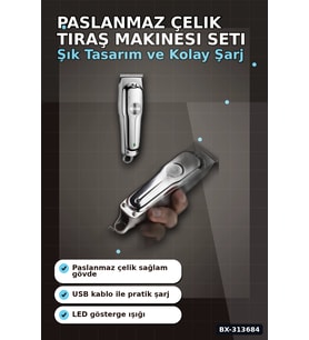 Lexroo Şarjlı Saç Sakal Düzeltici Tıraş Makinesi Seti 3 Taraklı 40 mm T-Bıçak Paslanmaz Çelik