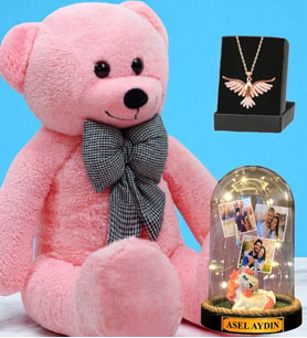 Büyük Boy Pembe Peluş Ayıcık, Size Özel Led Işıklı Fanus ve Zümrüdü Anka Kuşu Kolye (Model 5)