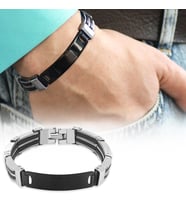 Kişiye Özel İsim Yazılı Silver-Black Renk Çelik Erkek Bileklik (Model-2) (Siyah & Beyaz)