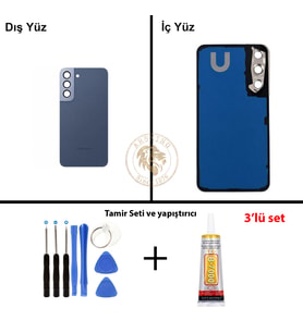 Samsung S22 Mavi Arka Pil Kapağı Batarya Kapağı Lazer Kesim + Yapıştırıcı ve Vida Seti