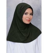Haki Pratik Hazır Geçmeli Tesettür Eşarp Sandy Kumaş Elişi Çiçek İşlemeli Pullu 1604_09