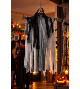 Halloween Cadılar Bayramı Asılabilir Hayalet Sesli Işıklı Sese Duyarlı Siyah Kuru Kafa 50x35 cm