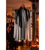 Halloween Cadılar Bayramı Asılabilir Hayalet Sesli Işıklı Sese Duyarlı Siyah Kuru Kafa 50x35 cm