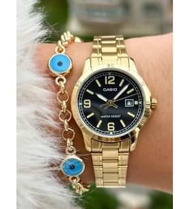 Casio Çelik Kordon,Altın Sarısı Renk, Siyah Kadran, Kadın Kol Saati+Bileklik