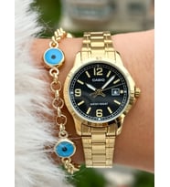 Casio Çelik Kordon,Altın Sarısı Renk, Siyah Kadran, Kadın Kol Saati+Bileklik