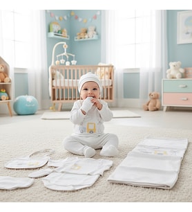 ERKEK BEBEK 0-3 AY GAYE ORGANİK PAMUK KAMYON NAKIŞLI 10 LU PREMİUM SET (Krem)