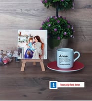 Anneye Hediye Fotoğraflı Dekoratif Taş, Ahşap Altlıklı Türk Kahvesi Fincanı Hediye (Model 3)
