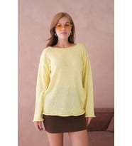 Kadın Sarı Basic Oversize Kayık Yaka Dokulu Triko Kazak 8529sw