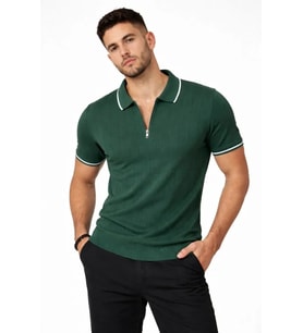 pilelistore- Erkek Fermuarlı Yaka Fitilli Triko Kısa Kollu Regular Fit Tişört T-shirt - Yeşil