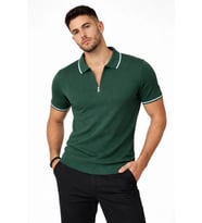 pilelistore- Erkek Fermuarlı Yaka Fitilli Triko Kısa Kollu Regular Fit Tişört T-shirt - Yeşil