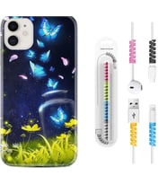 Apple iPhone 11 12 13 Mini Kılıf Kablo Koruma Spiral Silikon Neon Butterflys 1309