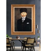 Altın Varaklı Çerçeveli Paspartulu Atatürk Tablo DC1579 (Gold)