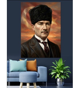 Karizmatik Atatürk Portresi Kırmızı Fon Dekoratif Kanvas - Mdf Ahşap Tablo
